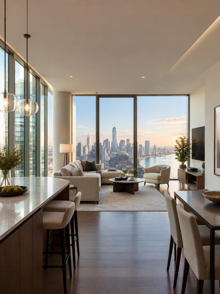 Apartment walkthrough mockup with floor-to-ceiling windows overlooking the New York skyline