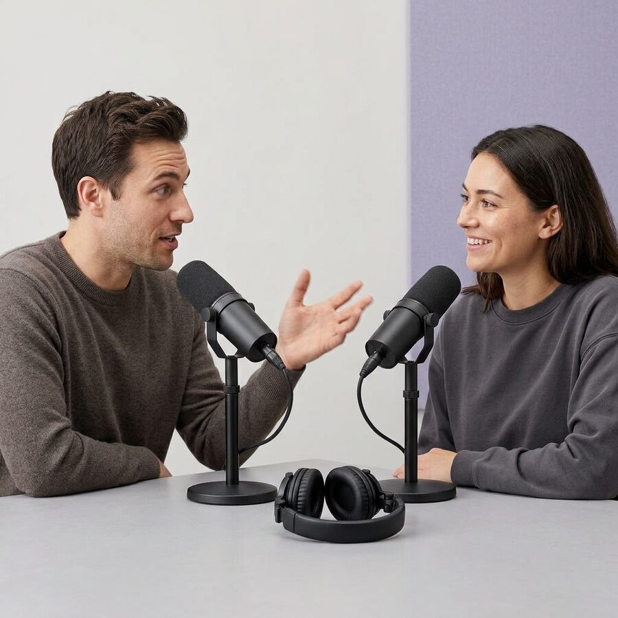 Two people talking into podcast microphones at a clean studio table